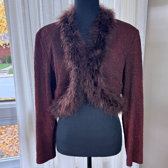 Vintage 80s bolero, burgundy gold thread, marabout feathers, Joseph Ribkoff, 8 - Picture 1 of 13